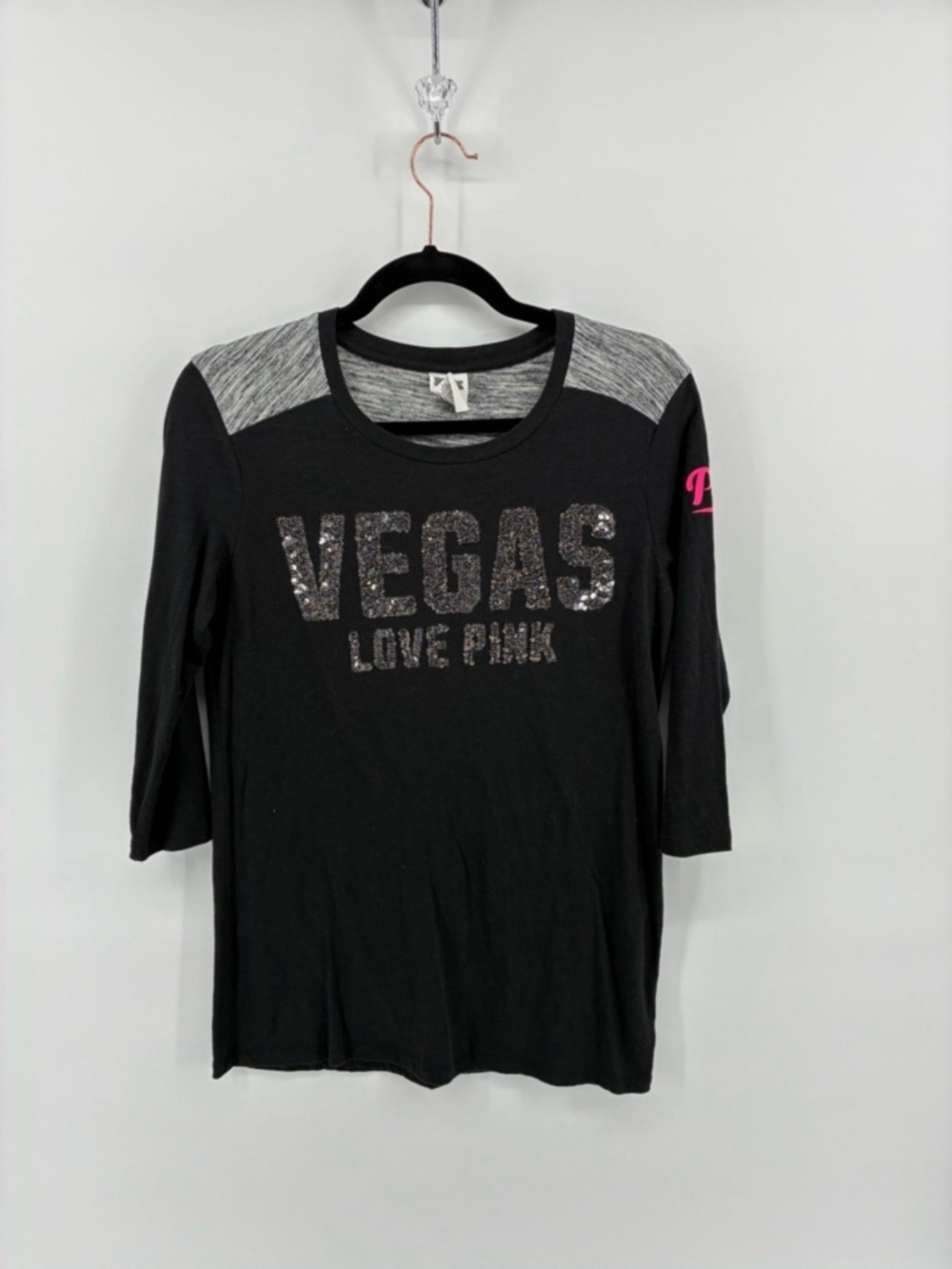 MASSIVE $10 SALE VEGAS Sequin PINK Victoria's Secret Black Long Sleeve Tee